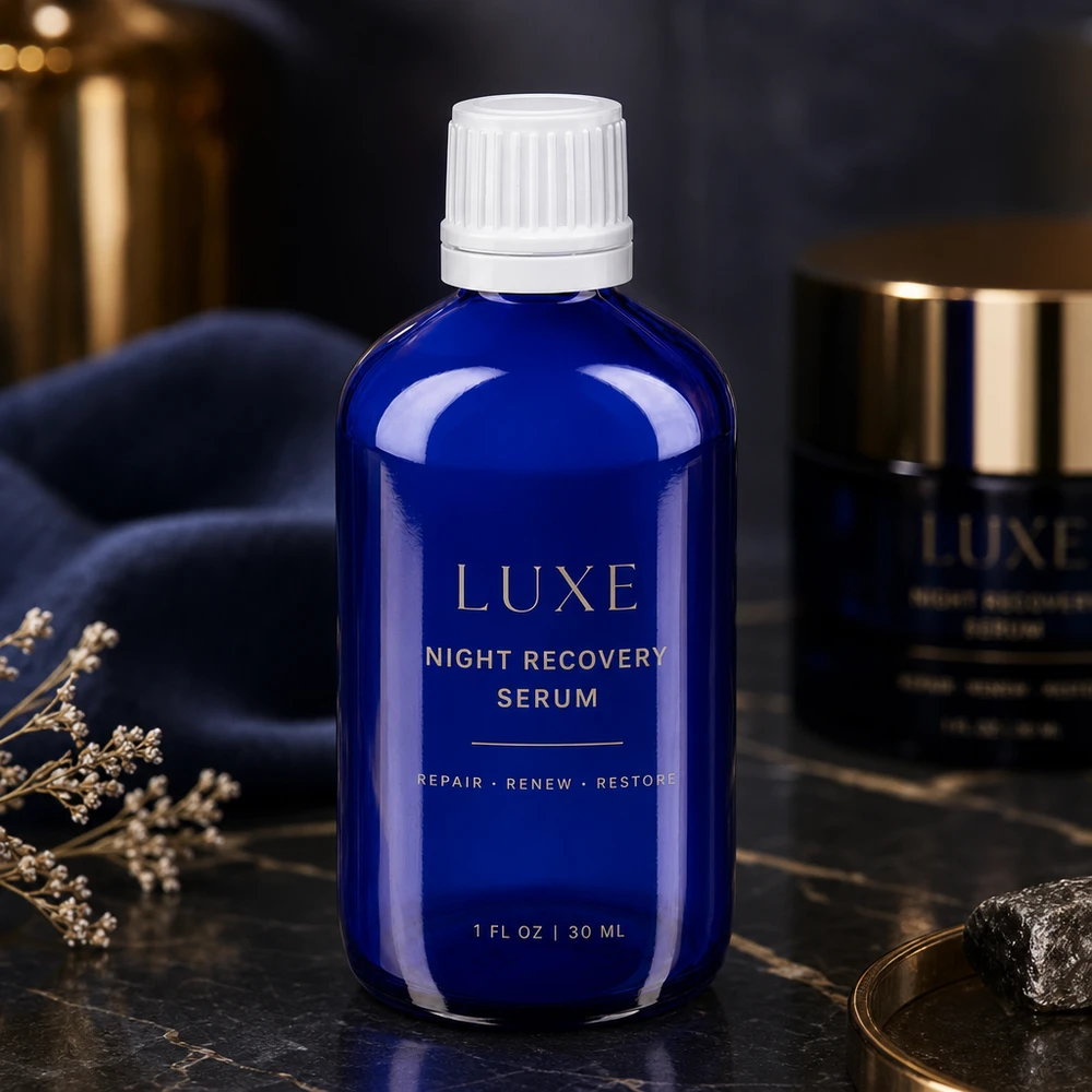 Frasco de farmácia azul 100ml tampa de rosca branca fecho inviolável Sérum cosmético de luxo num frasco de vidro de farmácia azul cobalto de 100 ml com tampa de rosca branca