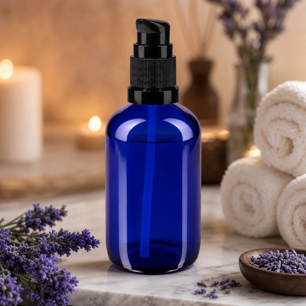 Frasco de vidro de farmácia azul cobalto de 100 ml com bico dosador preto sobre fundo de mármore