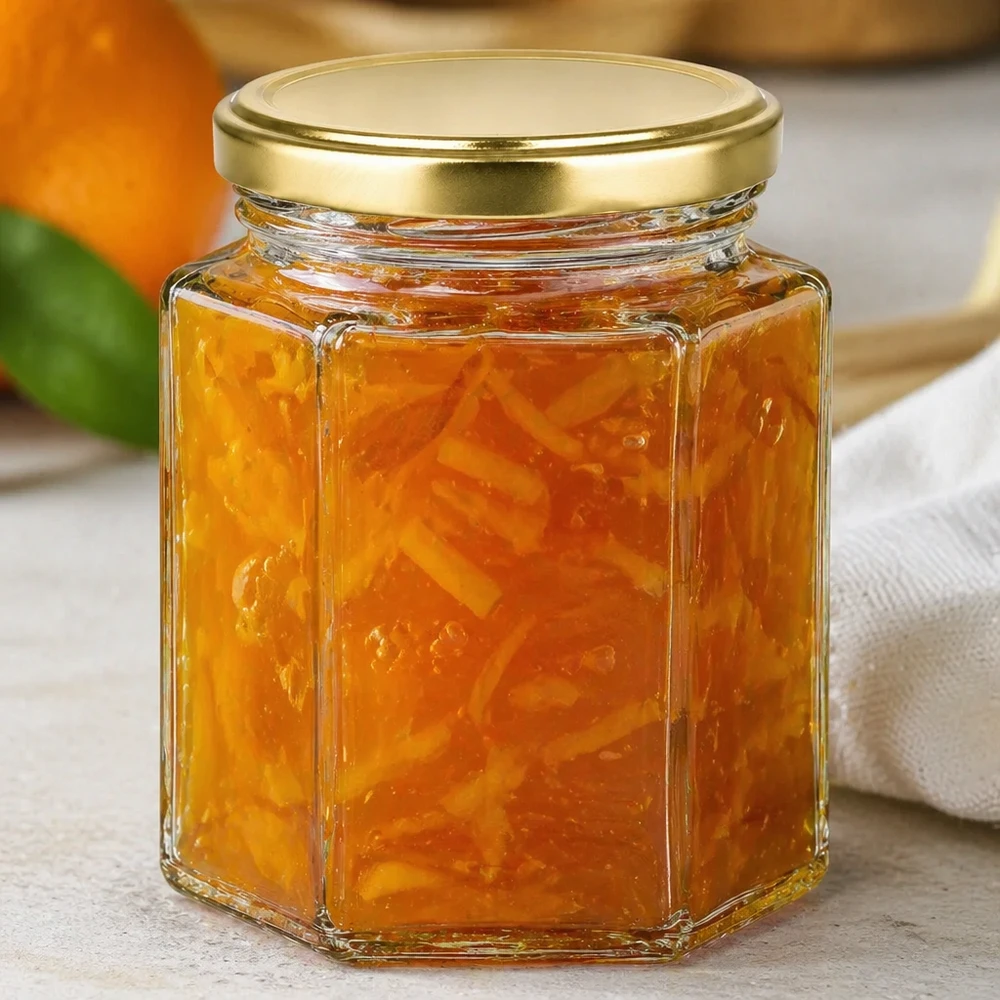 250g Honigglas mit goldenem Deckel BasicSeal UNiTWIST Frasco de mel BasicSeal de 250 g cheio de marmelada de laranja com tampa dourada e superfície branca para guardar compotas