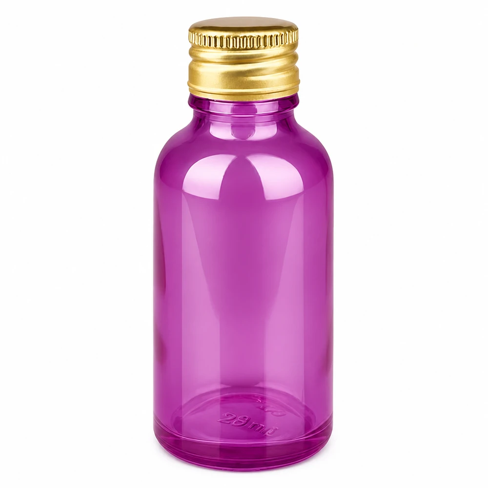 Frasco de 30 ml em roxo brilhante com tampa de alumínio dourada para cosméticos e produtos farmacêuticos