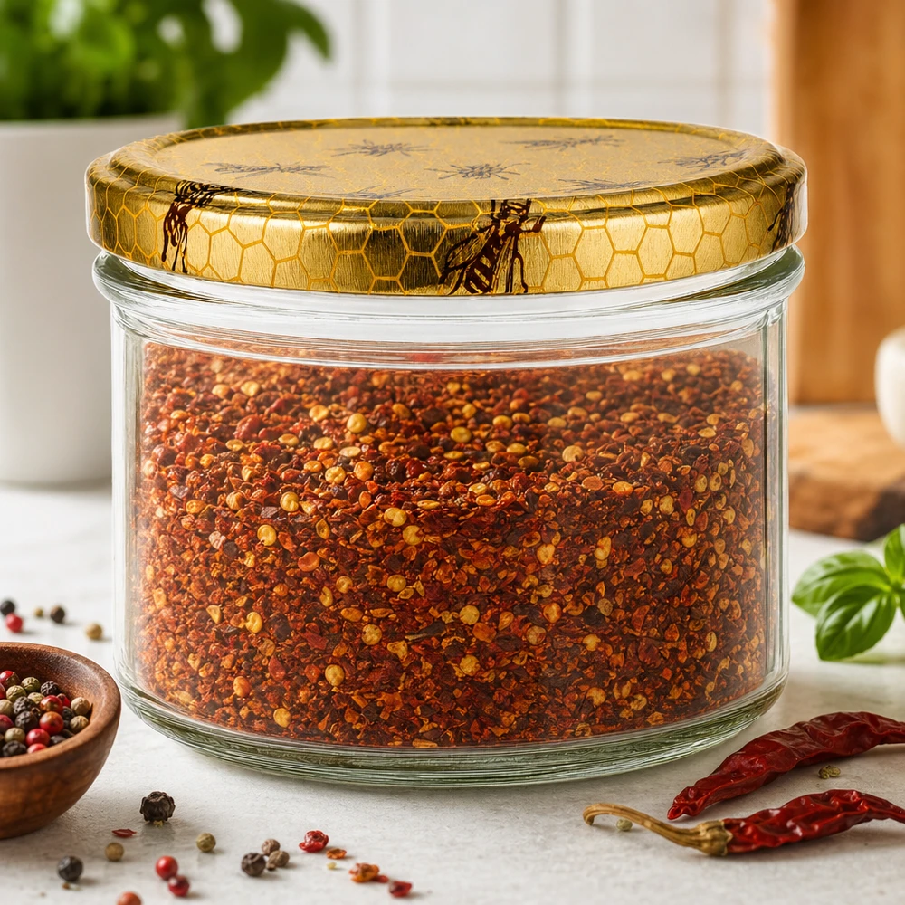 Frasco de mel de 250 g com tampa em forma de favo de mel cheio de especiarias juntamente com grãos de pimenta e malaguetas secas