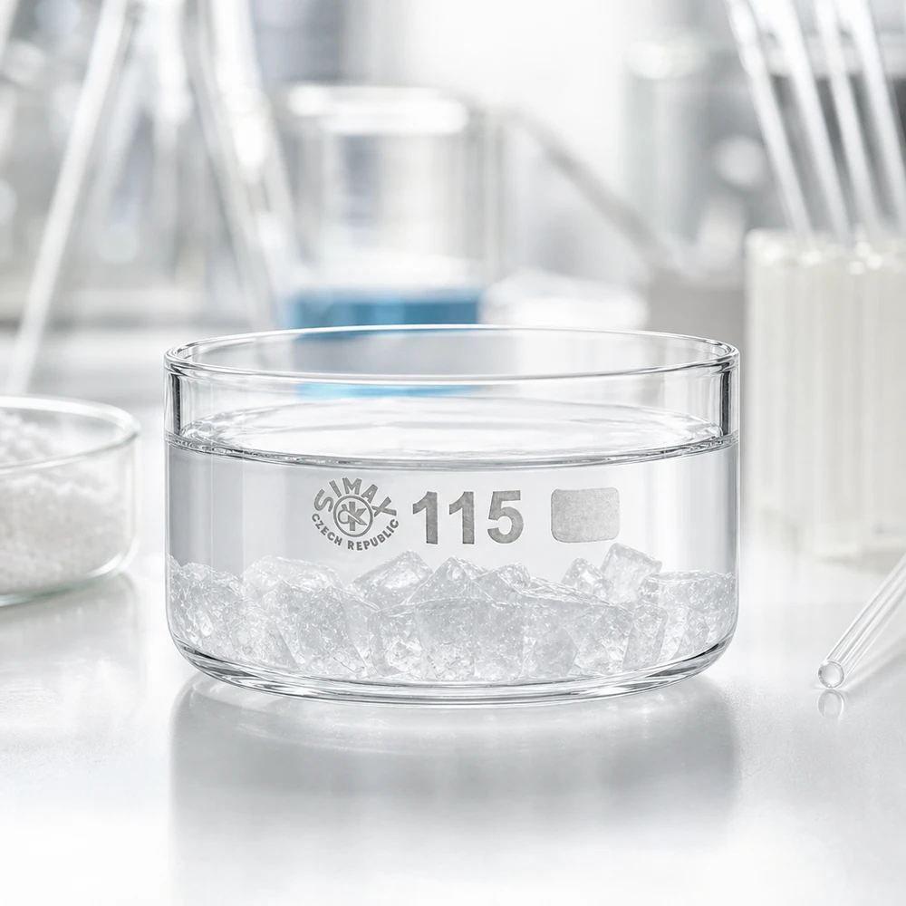 Cristaleira de 500ml sem bico em borosilicato ø115mm Bacía de cristalização SIMAX de 500 ml em vidro borossilicato, preenchida com cubos de gelo no laboratório