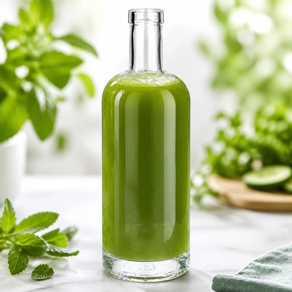 Garrafa de vidro Emma de 750 ml cheia de conteúdo verde num cenário natural decorado com hortelã e plantas