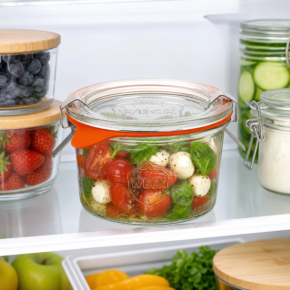 Frasco de vidro WECK RR80 de 200 ml no frigorífico, cheio de salada Caprese, juntamente com outros frascos de armazenamento com frutos silvestres