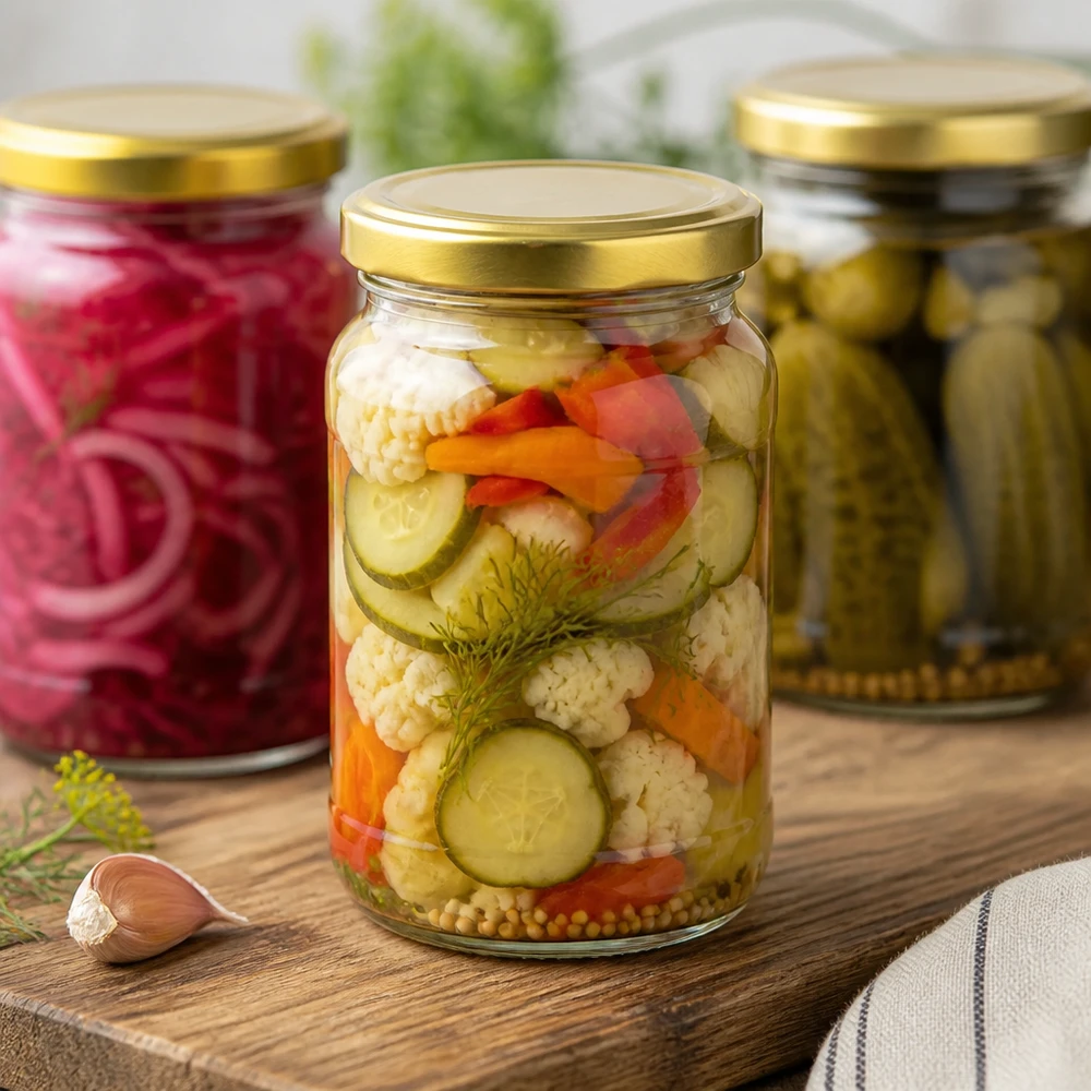 305ml Rundglas mit BasicSeal Deckel gold UNiTWIST Frasco redondo UNiTWIST de 305 ml com legumes em conserva - frasco de conserva com tampa dourada para pickles e conservas