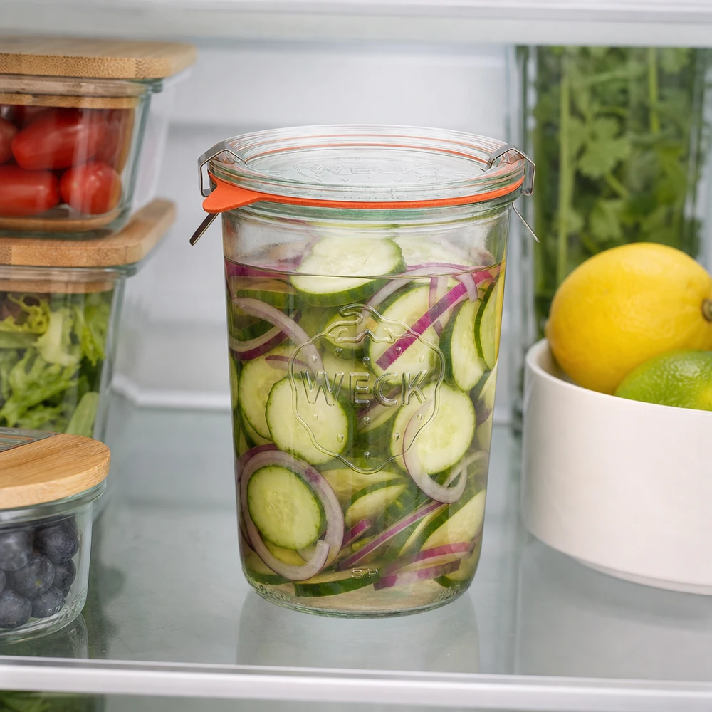 Copos WECK RR100 de 850 ml no frigorífico com pepinos e cebolas em conserva para uma frescura óptima dos alimentos