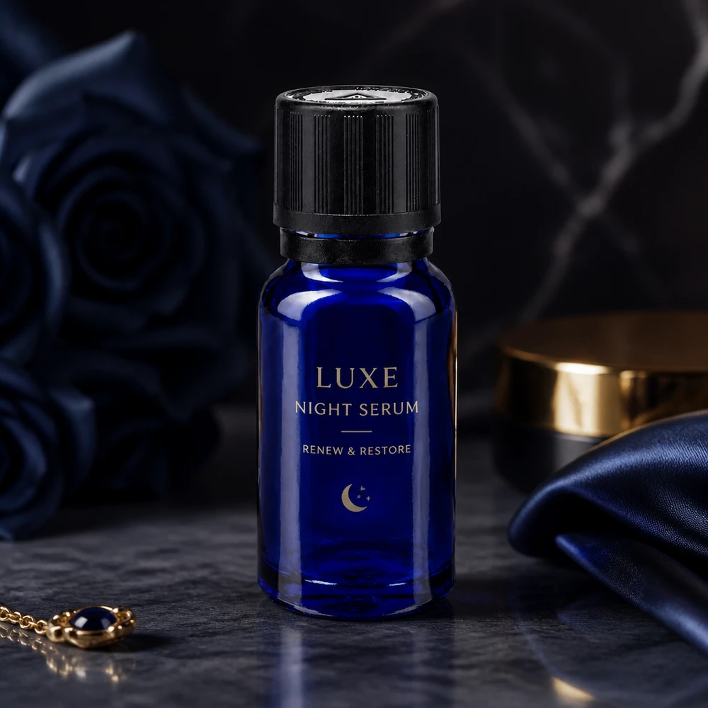 Sérum Noturno de Luxo num frasco de farmácia azul cobalto de 10 ml com tampa conta-gotas preta, num ambiente noturno
