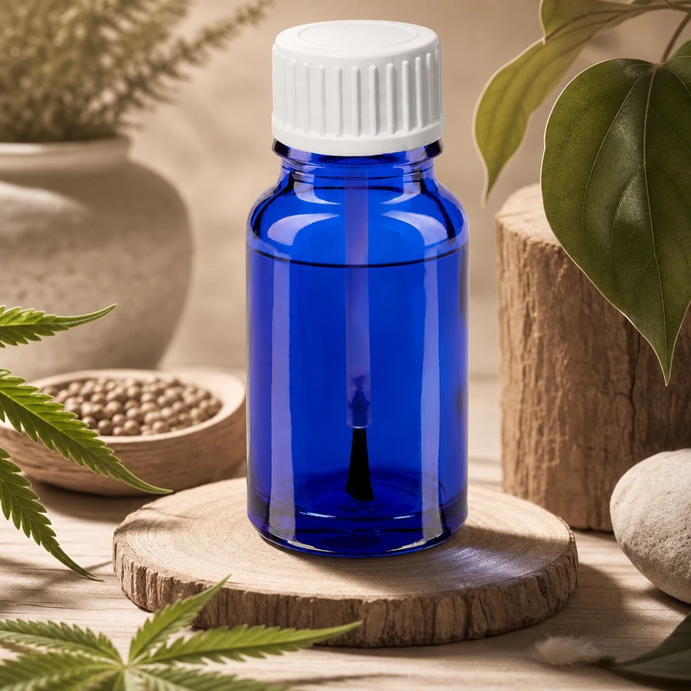 Frasco de pincel compacto de 10 ml com um elegante aspeto de vidro azul para aplicações profissionais