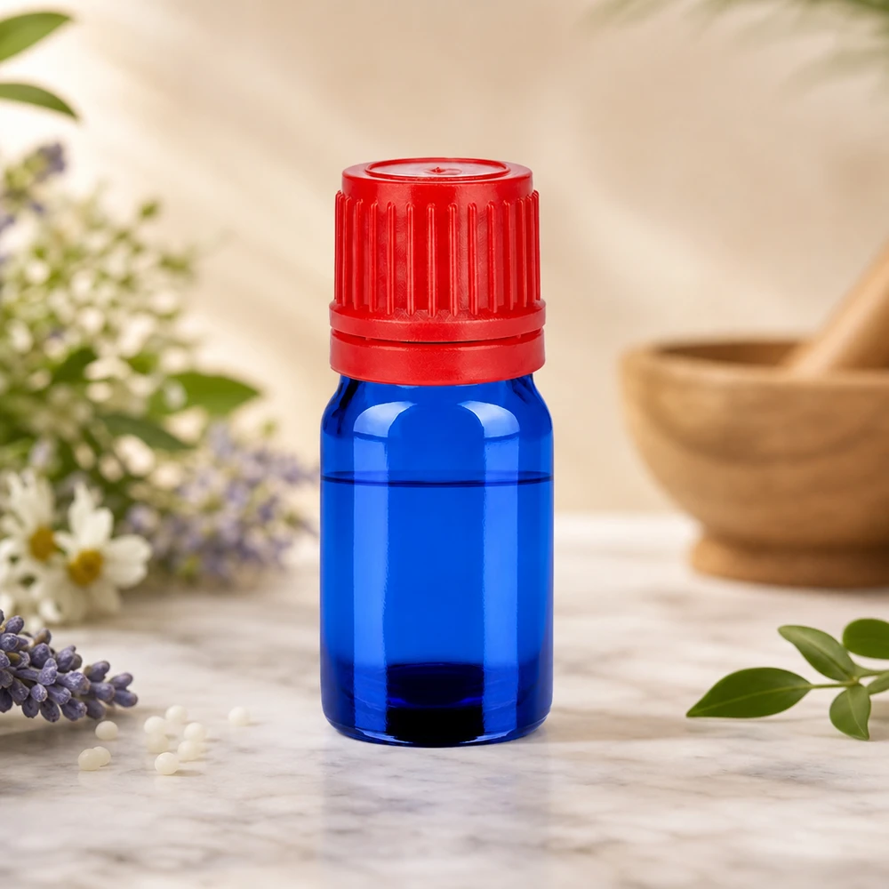 Frasco de 5 ml com tampa de rosca de 11 mm vermelha com fecho inviolável BlueLine UT18/5 Frasco conta-gotas de 5 ml azul com tampa de segurança para crianças vermelha para armazenamento seguro BlueLine UT18/5