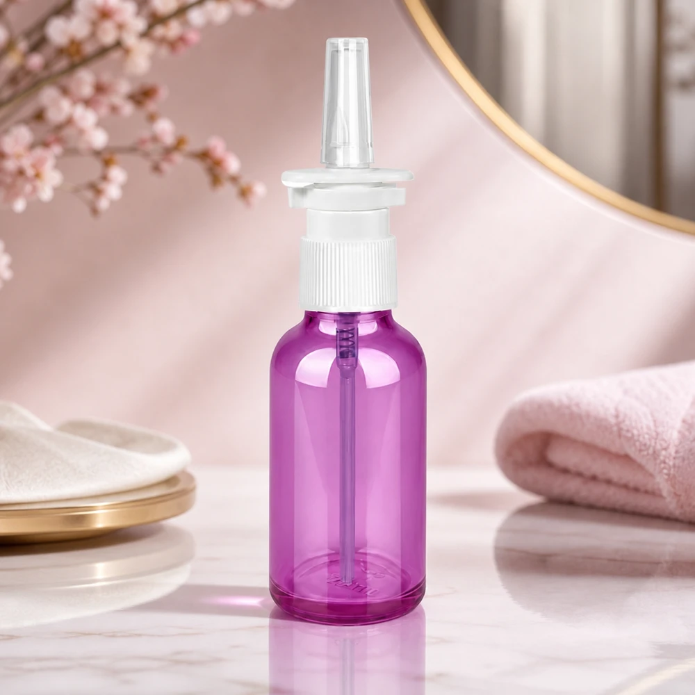 Frasco de spray nasal de 30 ml de alta qualidade com mecanismo de pulverização preciso num elegante design roxo