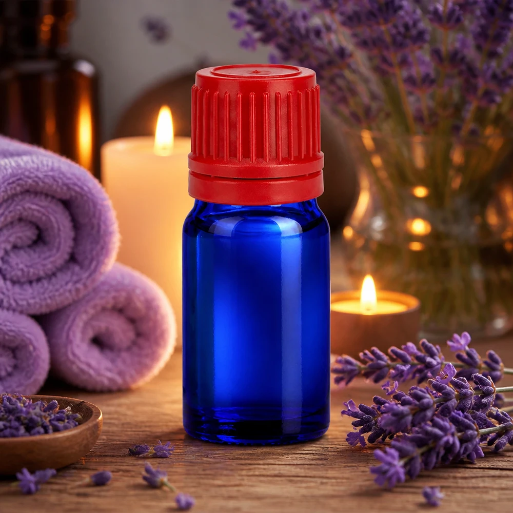 Frasco de vidro pequeno de 5 ml em azul com tampa vermelha para aromaterapia BlueLine UT18/5