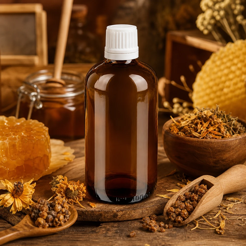 Frasco de farmácia castanho 100ml tampa de rosca branca fecho inviolável Frasco de vidro castanho de 100 ml com tampa de segurança para crianças branca, entre favos de mel e própolis