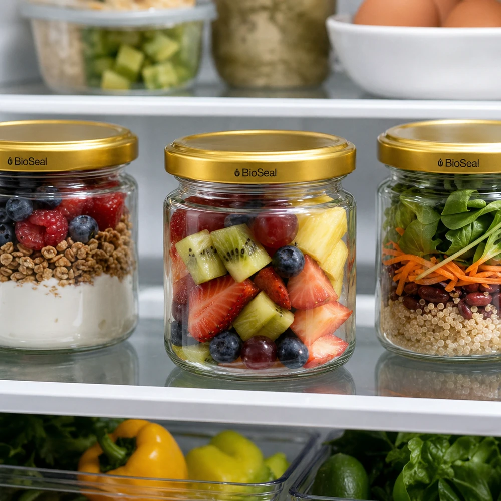 Frascos UNiTWIST Runda53 com tampa dourada TO43 BioSeal no frigorífico para preparar refeições com fruta e salada