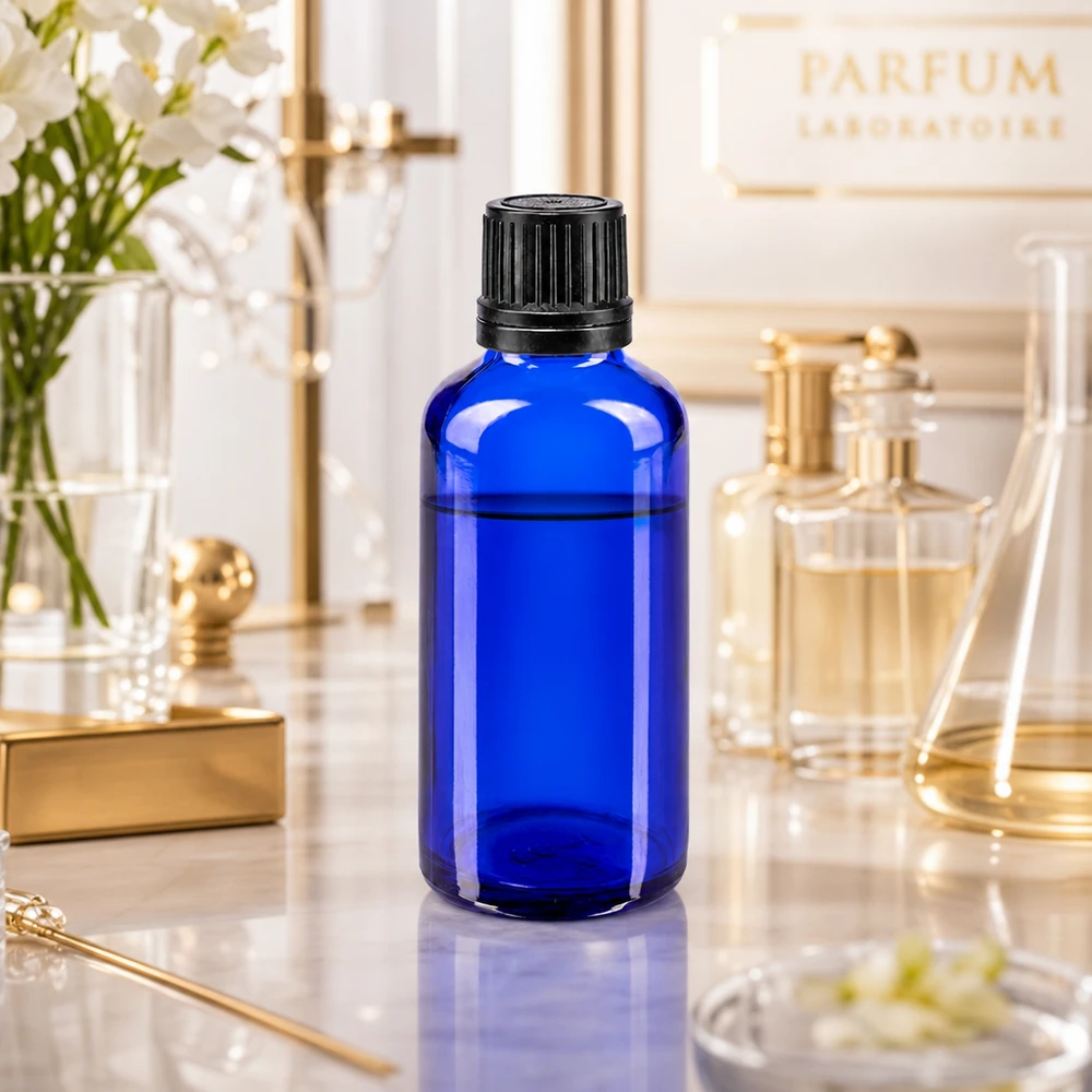 Frasco conta-gotas azul de 50 ml com bico de precisão de 1 mm, num elegante cenário de laboratório de perfumes