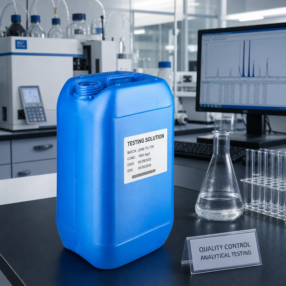 Bidão 15 litros azul sem tampa Recipiente azul de 15 litros sem tampa no laboratório de controlo de qualidade para soluções de ensaio analítico