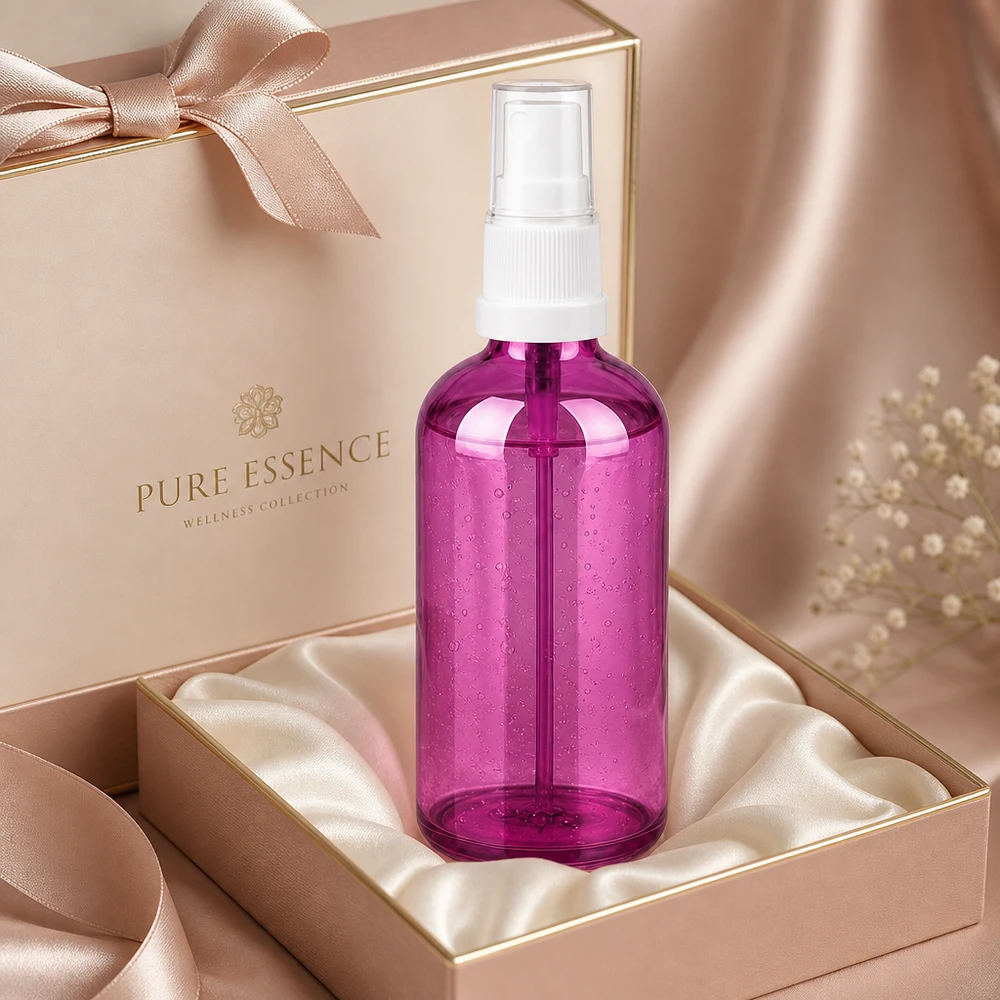 Frasco de spray de 100 ml de alta qualidade feito de plástico transparente numa cor púrpura brilhante
