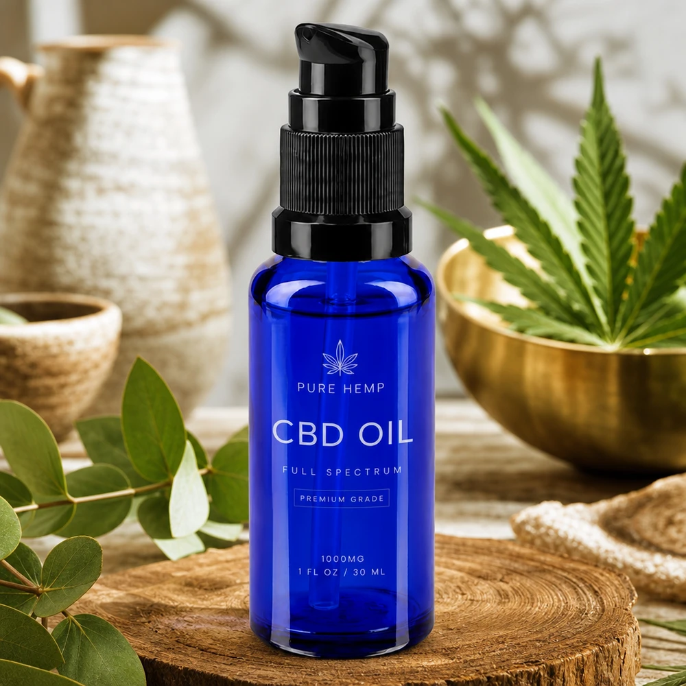 Frasco de vidro azul-escuro de 30 ml com dispensador de bomba preto, assente sobre um disco de madeira com decoração natural