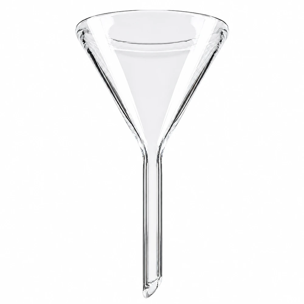 Funil ø40mm cal sodada, ângulo 60°, estilo curto Funil de vidro de 40 mm de diâmetro em vidro de cal sodada com ângulo de 60 graus e pega curta