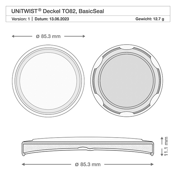 Copo de vidro de 230 ml + tampa BasicSeal em favo de mel UNiTWIST Desenho técnico da tampa BioSeal branca T082 com dimensões de 85,3 mm de diâmetro e 11,1 mm de altura