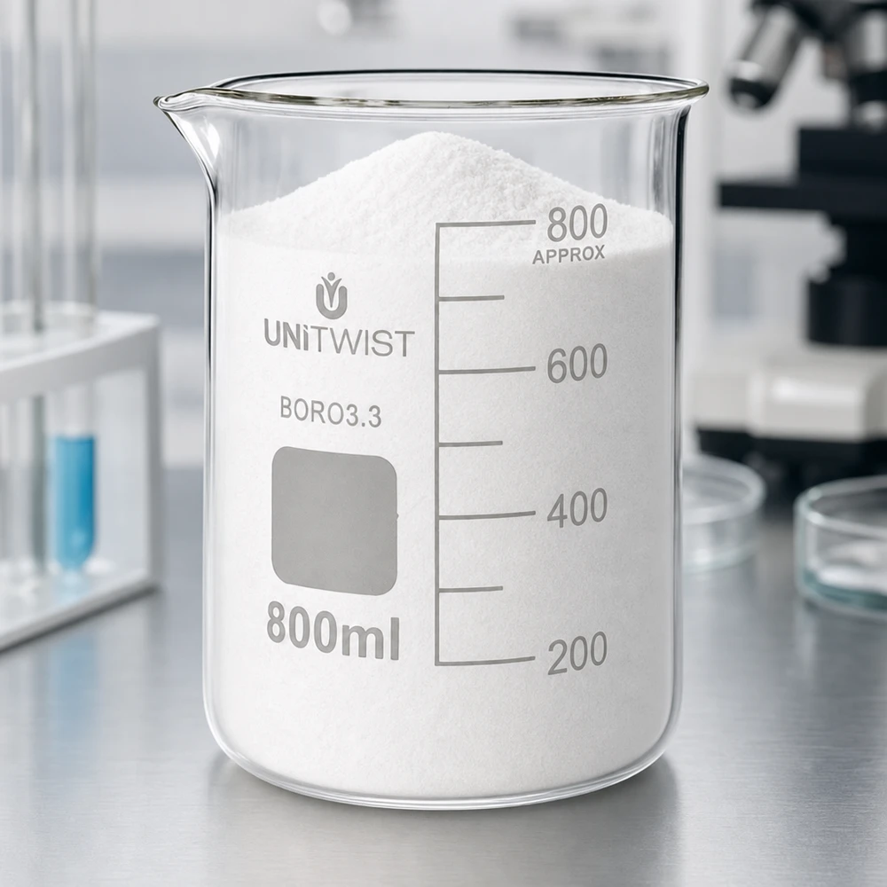 Copo de vidro UNiTWIST de 800 ml, de borossilicato, de formato baixo, cheio de pó branco no laboratório