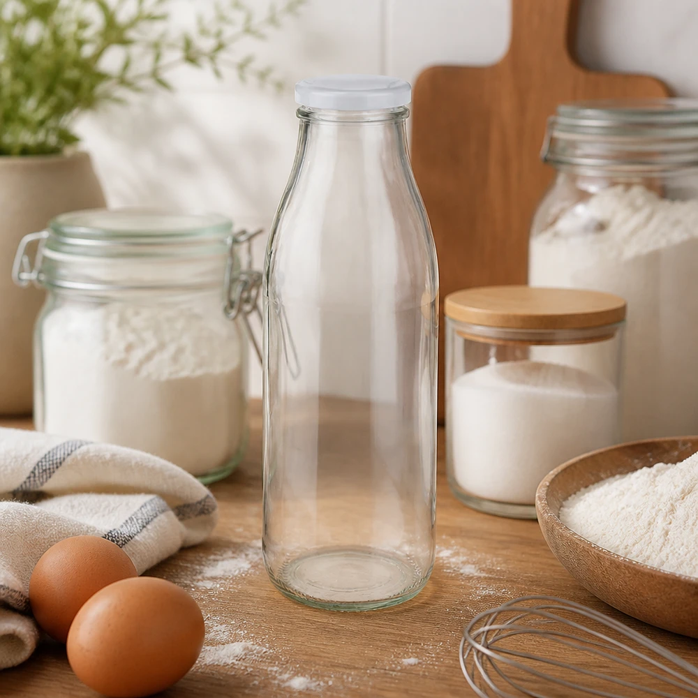 Frasco de vidro de 500 ml + tampa BasicSeal branca UNiTWIST Garrafa de vidro de 500 ml BasicSeal branca na cozinha com ingredientes de pastelaria farinha ovos e utensílios de cozinha ambiente de pastelaria