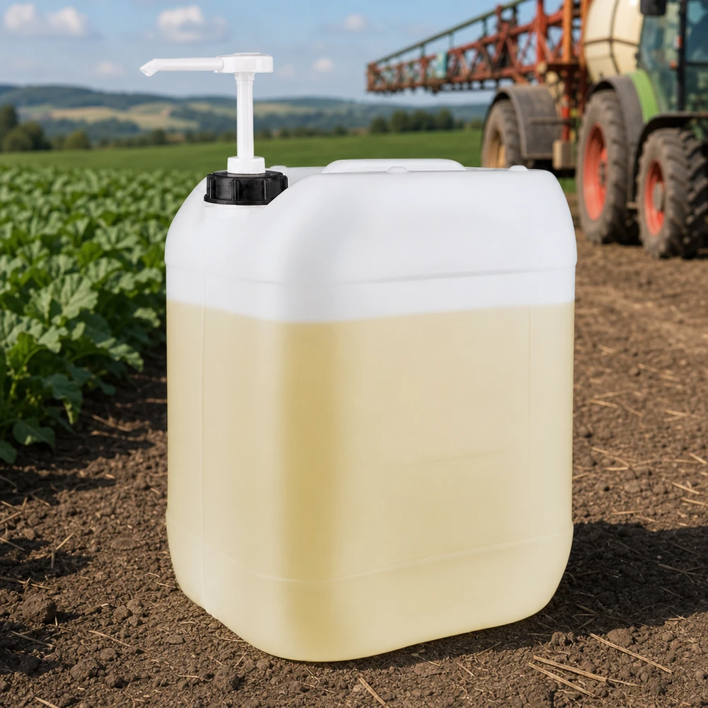 Bidão agrícola de 20 litros com bomba dosadora num campo, à frente de um trator com pulverizador agrícola