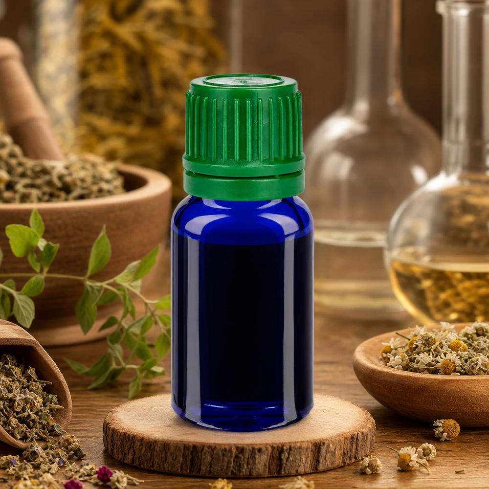 Frasco de vidro de 10 ml de alta qualidade em azul-cobalto elegante com tampa verde robusta para utilização em laboratório