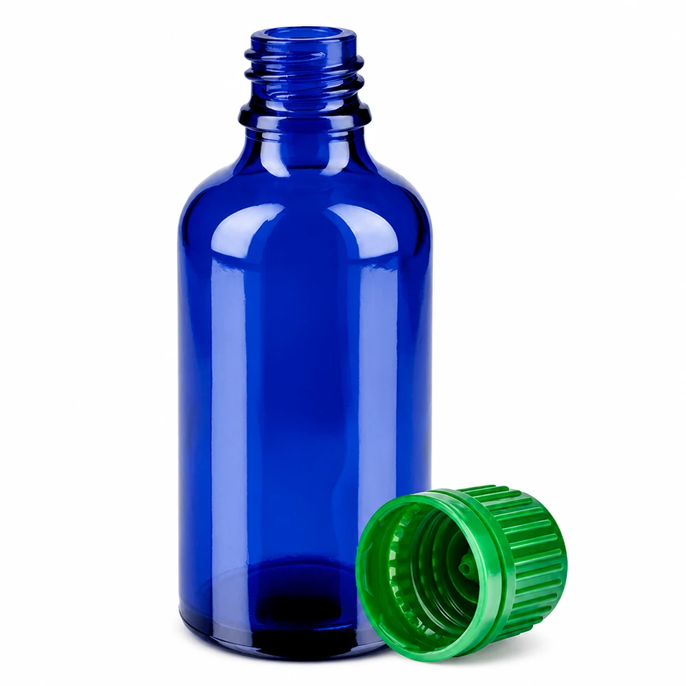 Frasco de 50 ml com tampa de rosca de 11 mm verde BlueLine UT18/50 Frasco conta-gotas de 50 ml em vidro azul com tampa verde para uma dosagem precisa