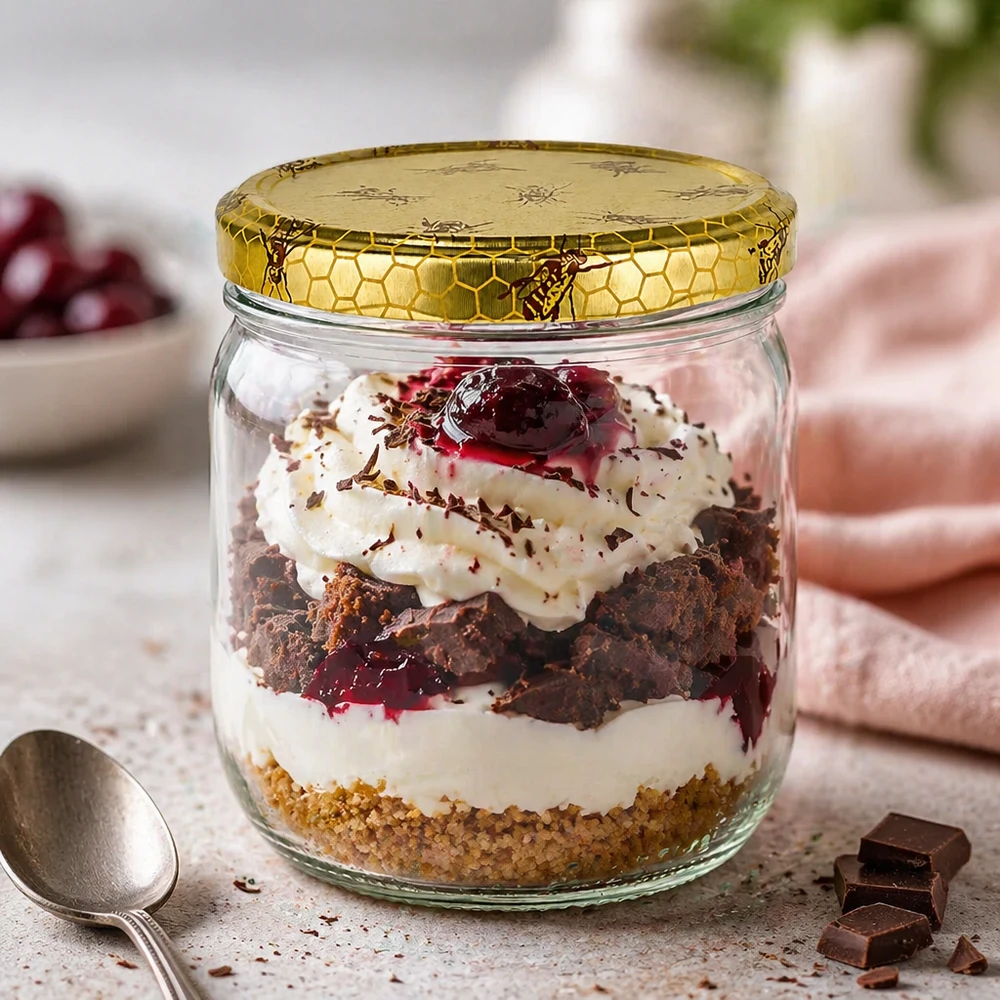 500g Honigglas mit Bienenwabe Deckel BasicSeal UNiTWIST Boião de mel de 500 g como boião de sobremesa para um doce de chocolate e cereja com creme e tampa dourada em forma de favo de mel