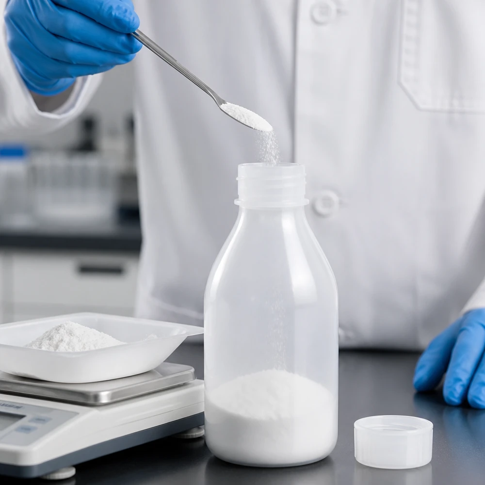 Frasco de 100ml com rosca, frasco de laboratório com gargalo estreito O pó branco é colocado com uma espátula de laboratório num frasco de HDPE de gargalo estreito com tampa de rosca, com capacidade para 100 ml