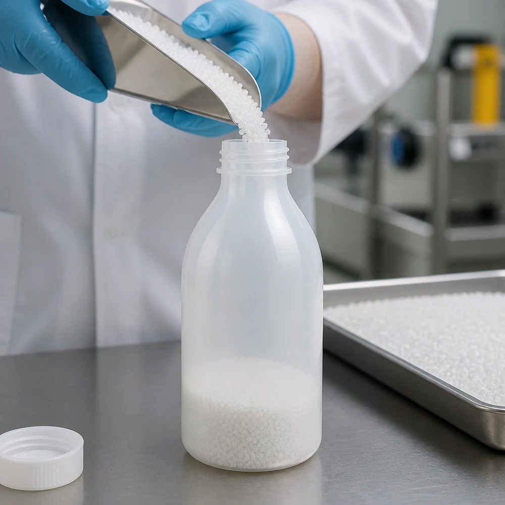 Frasco de laboratório de 250 ml com gargalo estreito e sem tampa Frasco de laboratório de 250 ml, de gargalo estreito, sem tampa, durante o enchimento com grânulos de plástico brancos