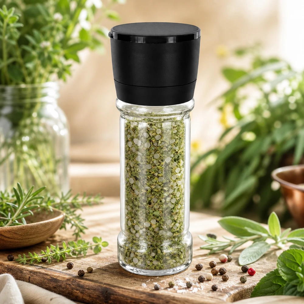 Frasco de sal com ervas de 100 ml com moinho Vario preto, cheio de ervas verdes, sobre uma tábua de madeira