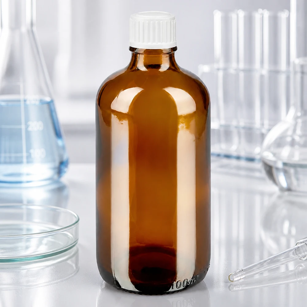 Frasco de farmácia de 100 ml em vidro castanho com tampa STD branca e orifício de gotejamento preciso de 0,9 mm