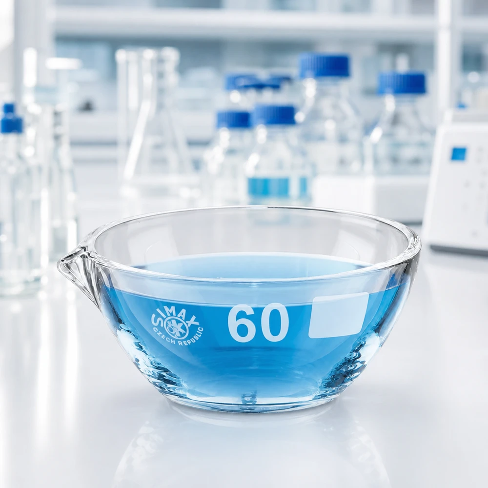 Prato de evaporação compacto de 45 ml com bico de ø60 mm em vidro borossilicato para processos laboratoriais eficientes