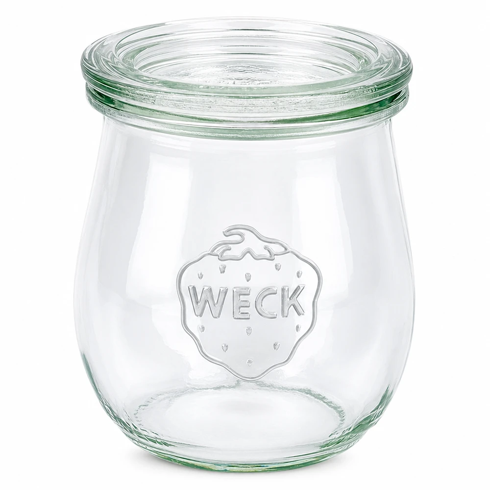 Frasco tulipa WECK 220ml com tampa de vidro Frasco de conserva RR60 transparente vazio sobre fundo branco