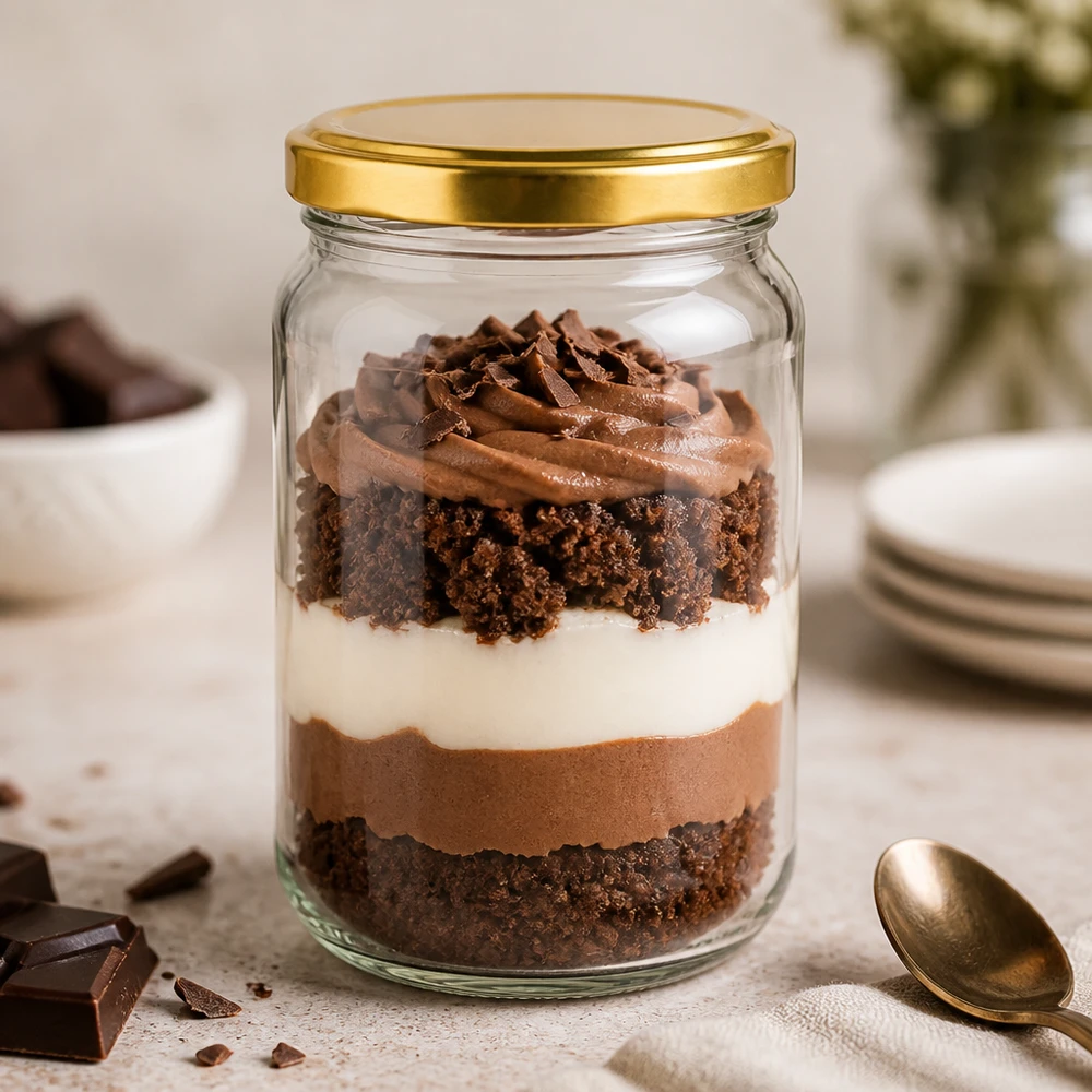Boião redondo dourado UNiTWIST de 305 ml com recheio de chocolate para sobremesas - boião de conservação para sobremesas doces e trifles