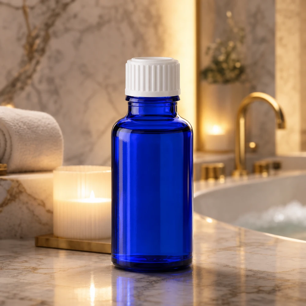 Frasco de vidro azul cobalto de 20 ml com tampa branca sobre um fundo de mármore, num luxuoso quarto de banho
