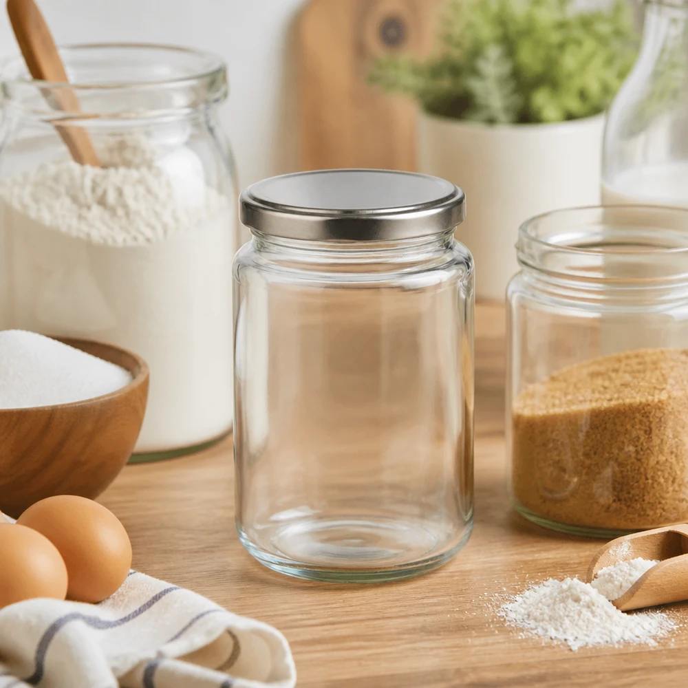 Frasco redondo de 382 ml com tampa BasicSeal prateado vazio na cozinha com ingredientes de pastelaria farinha ovos tigela de madeira frasco de arrumação