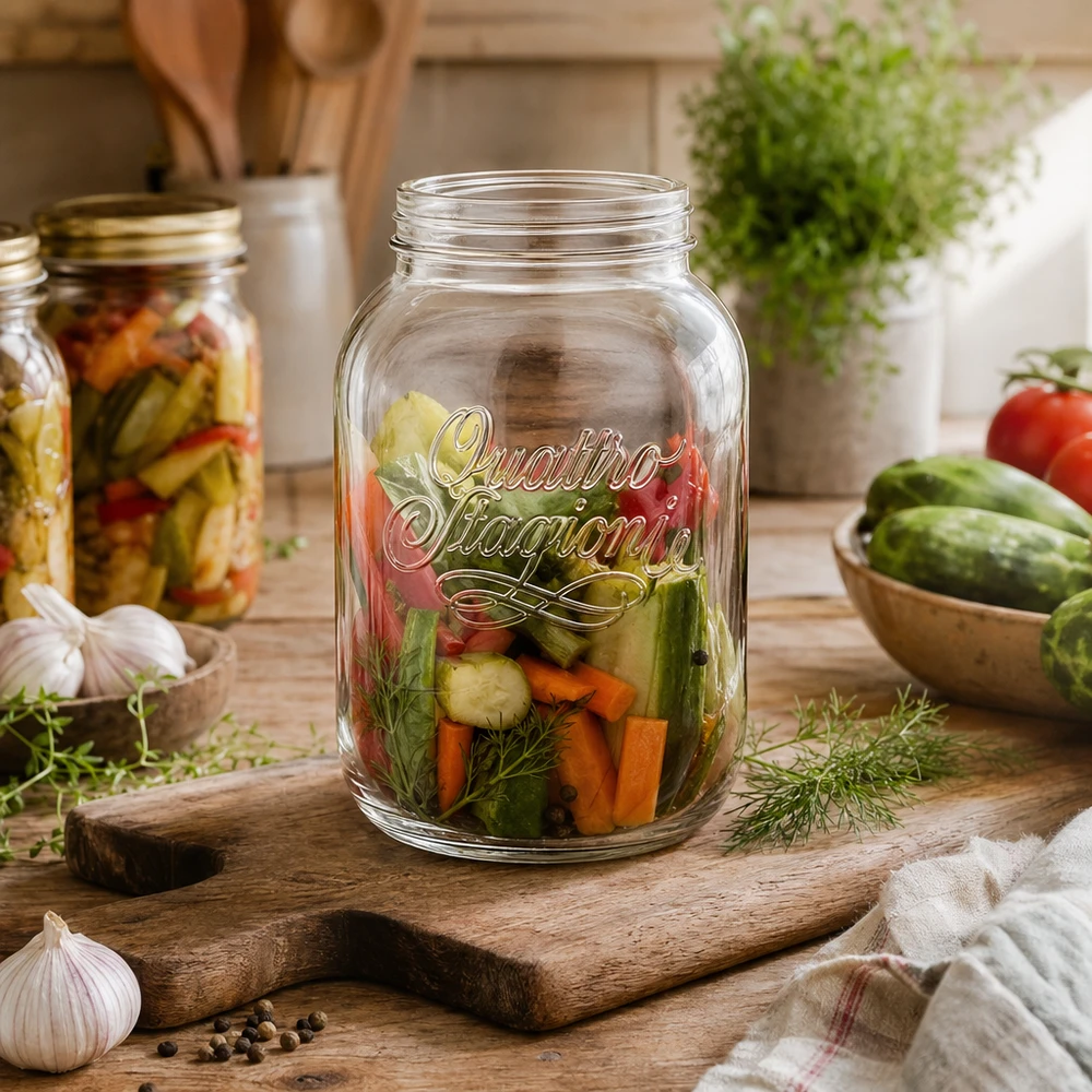 Frasco de conserva Quattro Stagioni de 3000 ml com legumes em conserva numa tábua de madeira numa cozinha rústica