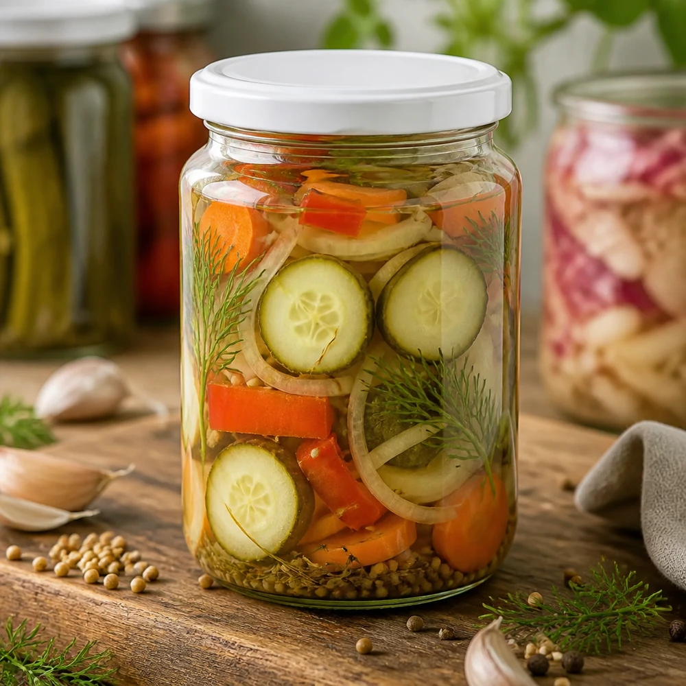 Frasco redondo de 795ml com tampa BasicSeal branca UNiTWIST 795ml Rundglas gefüllt mit eingelegtem Gemüse zeigt praktische Verwendung für Konservierung und Meal Prep