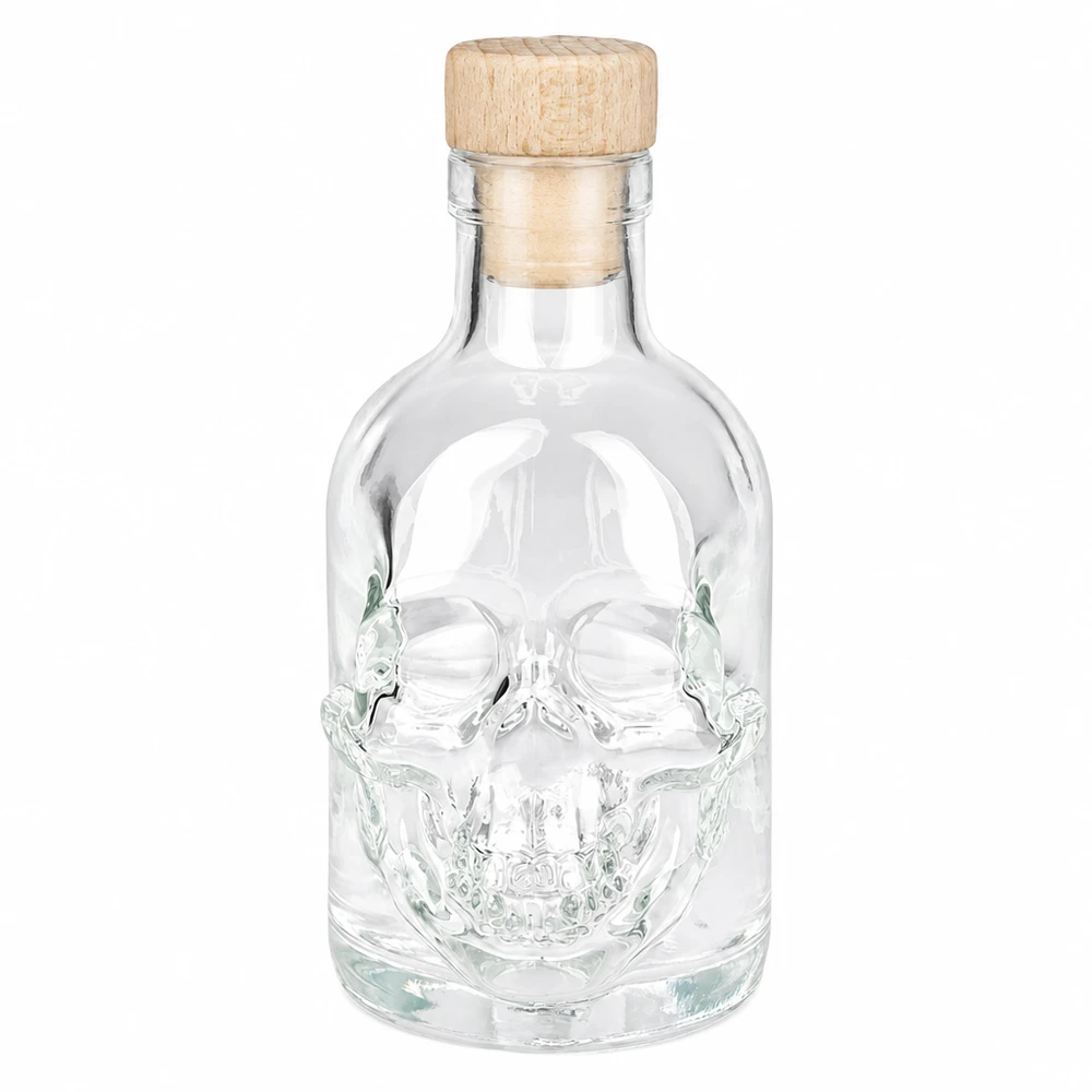 Garrafa de vidro Jack de 200 ml com desenho de caveira e rolha de madeira, garrafa de bebidas espirituosas vazia com tampa de rosca