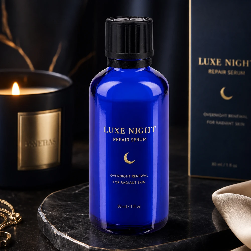 Frasco de vidro azul de 50 ml com tampa de rosca preta, num cenário luxuoso e escuro com uma vela e uma caixa de presente