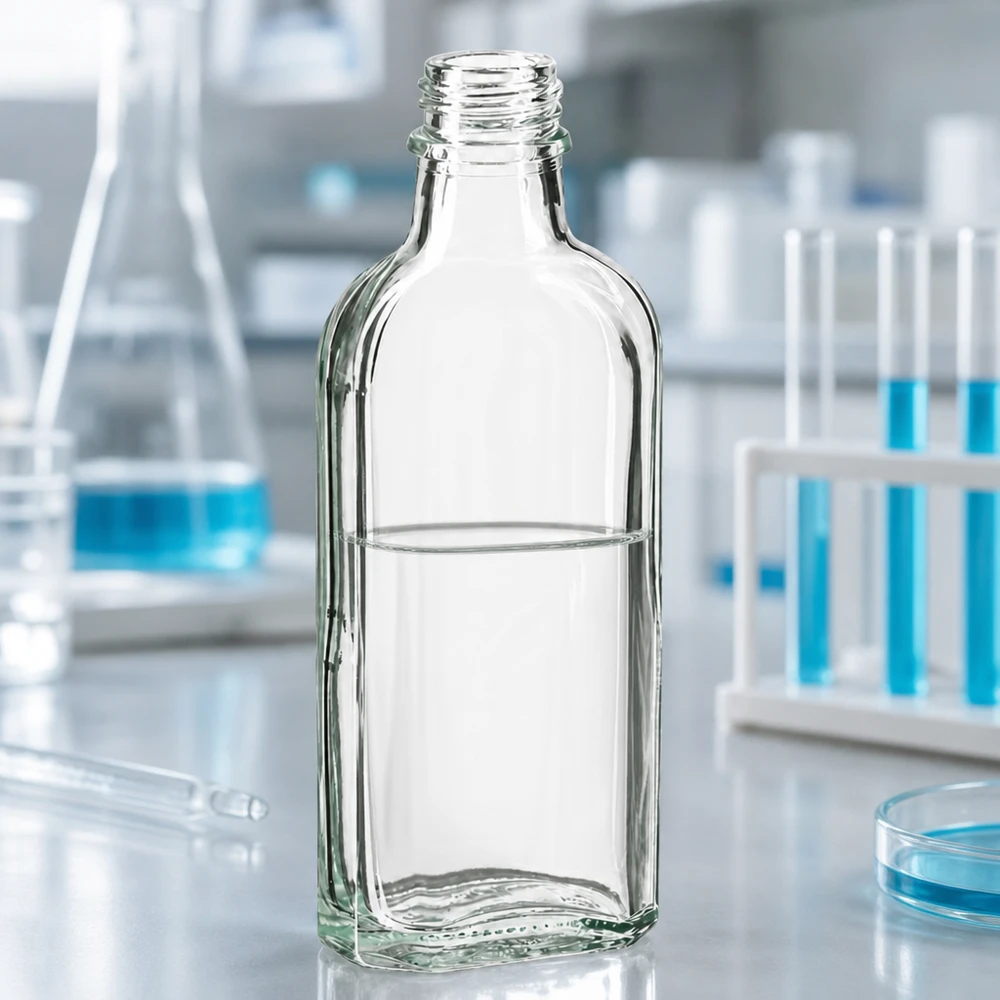 Frasco Meplat transparente de 100 ml, com rosca DIN 22, sobre uma bancada de laboratório branca