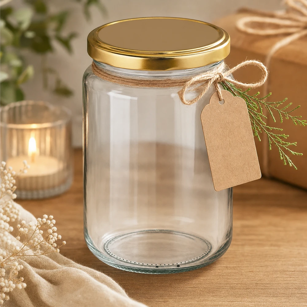 382ml Rundglas mit BasicSeal Deckel gold UNiTWIST Frasco redondo de 382 ml com tampa UNiTWIST dourada, decorado com etiqueta de oferta e cordão de juta