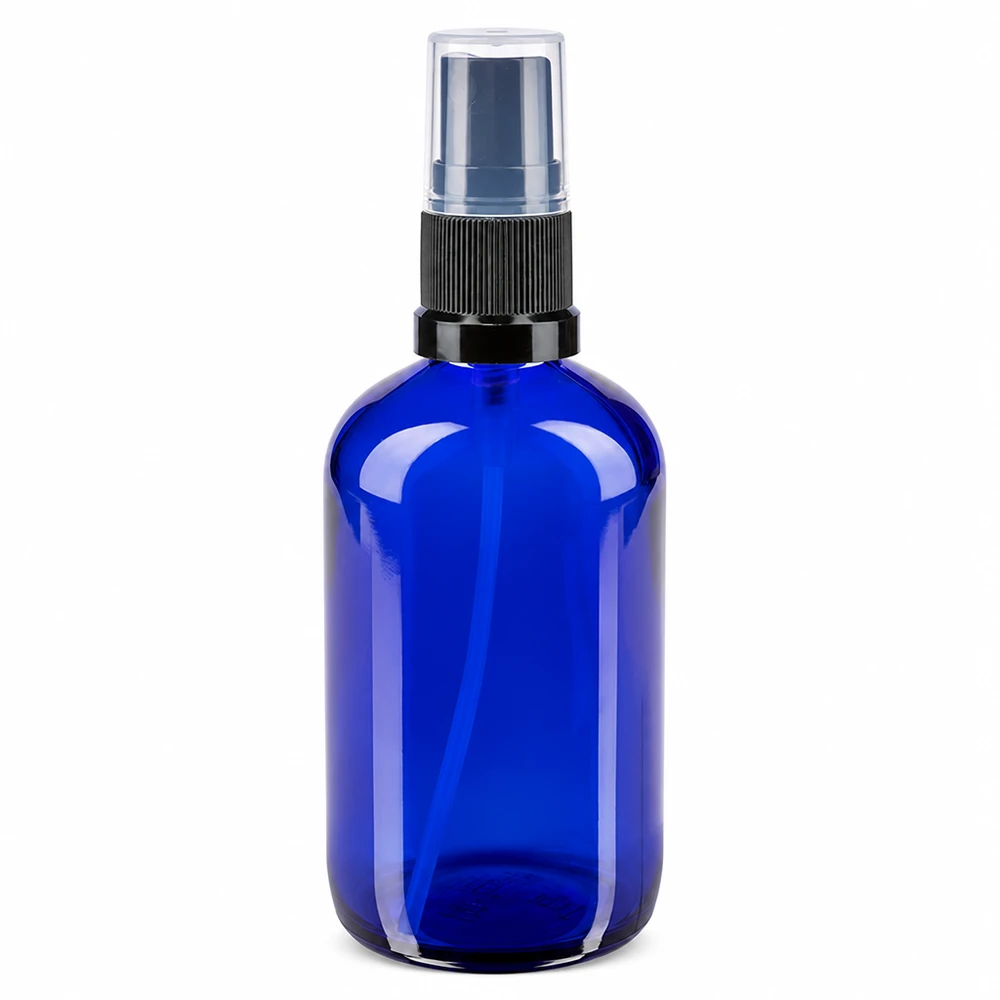 Frasco de spray de vidro azul de 100 ml com pulverizador preto e tampa protetora transparente, em vidro de farmácia