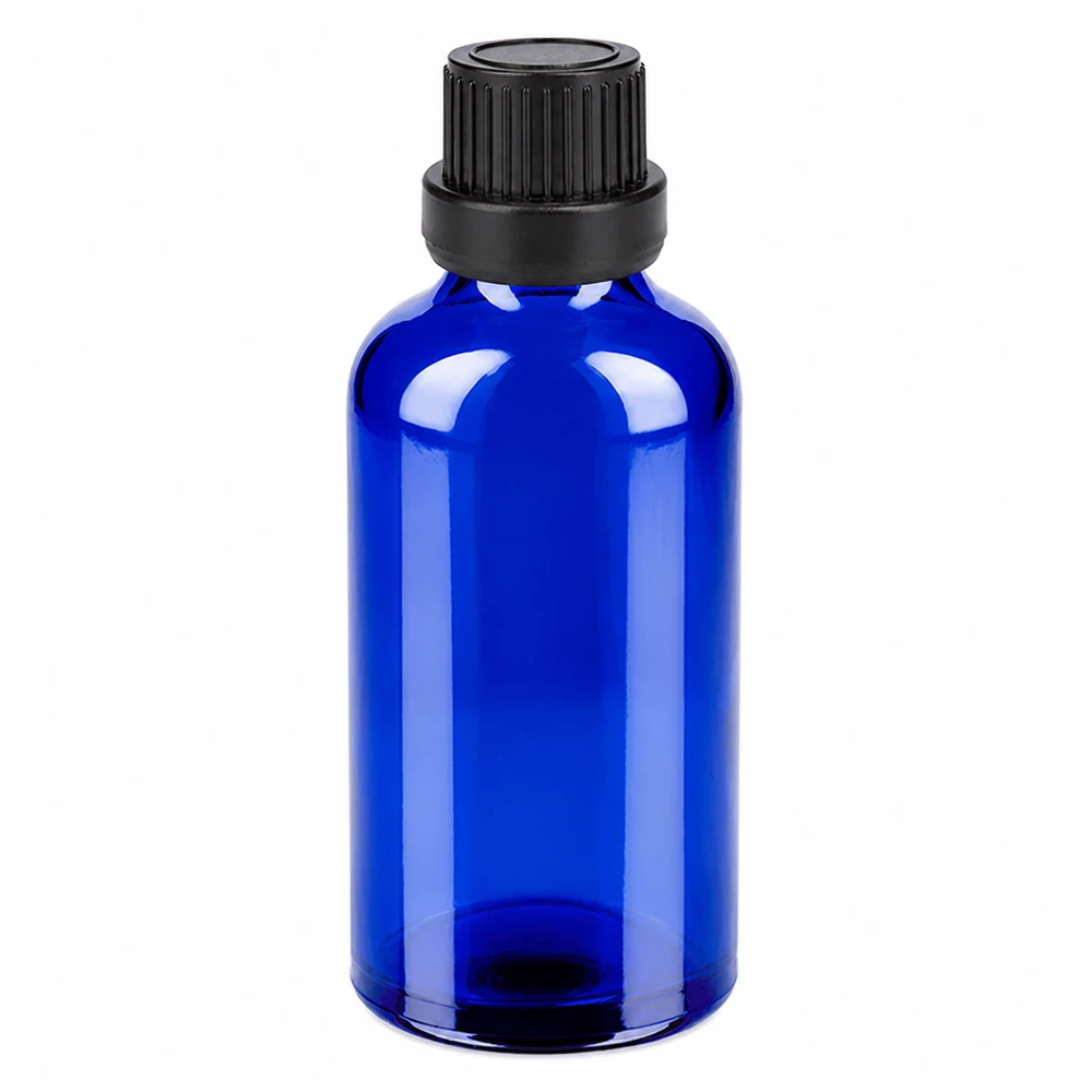 Frasco de vidro azul de 50 ml com tampa de rosca preta para óleos essenciais e cosméticos