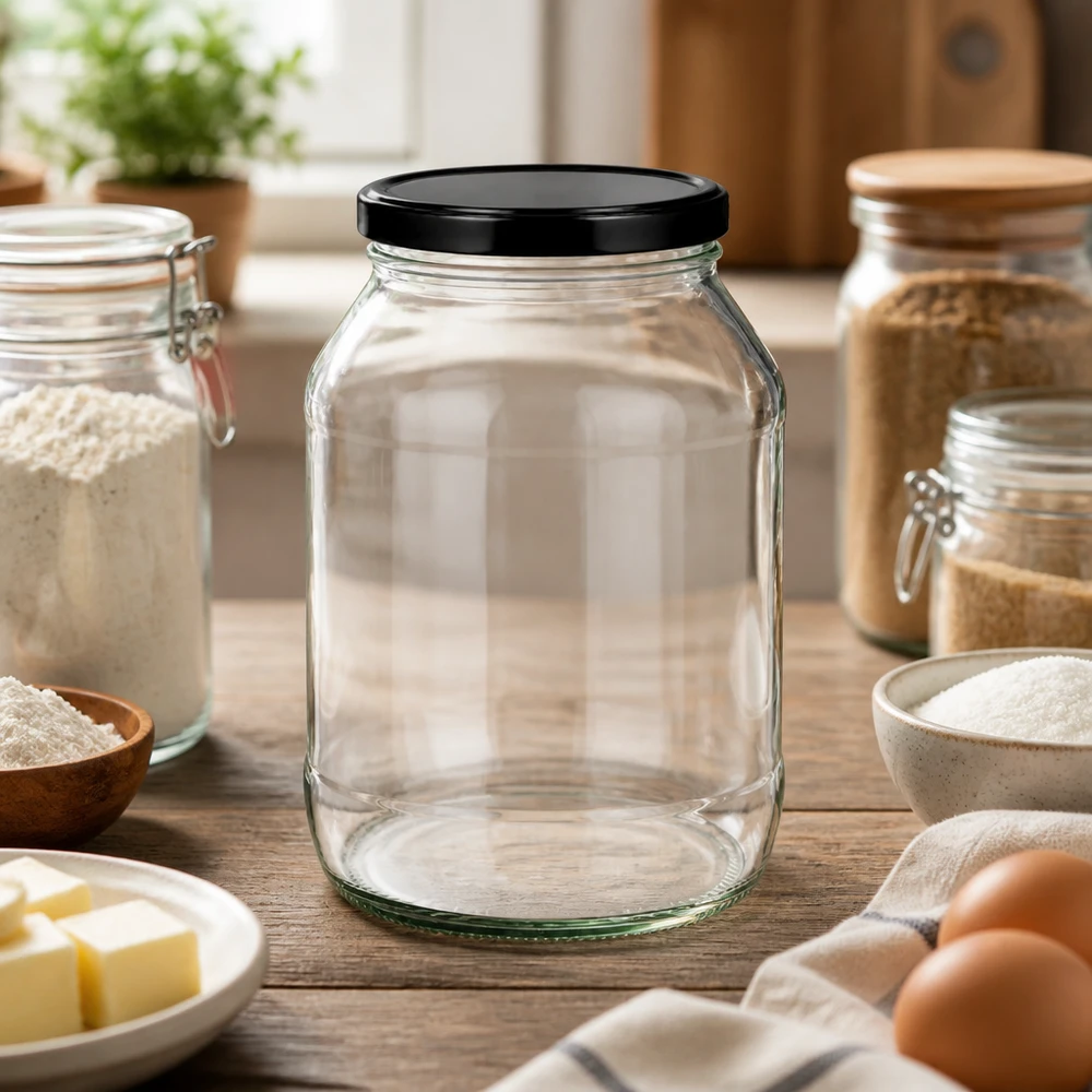Frasco redondo de 2650 ml com tampa BasicSeal preta em ambiente de cozinha entre frascos de armazenamento e ingredientes de pastelaria