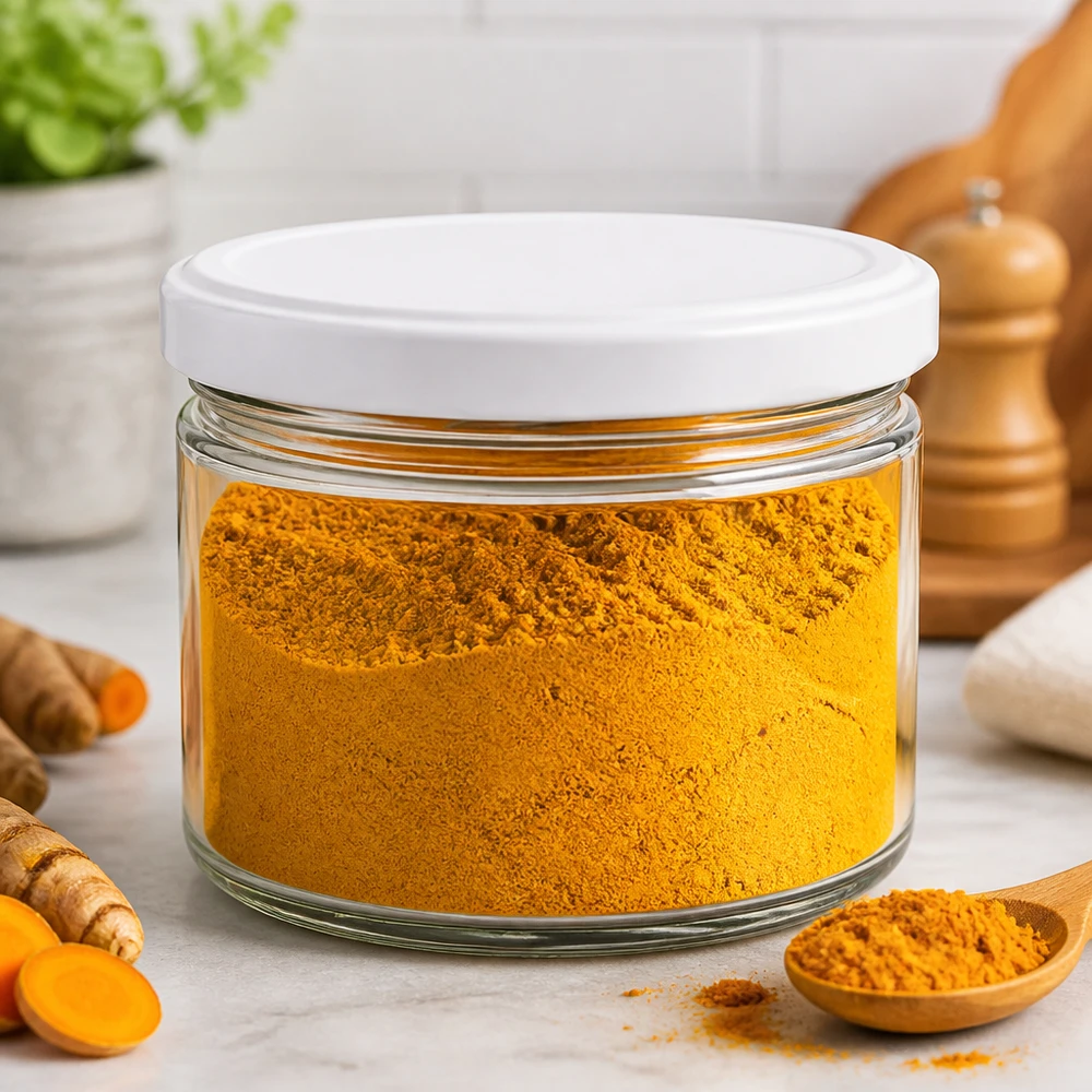 Frasco redondo UNiTWIST de 540 ml com tampa branca cheio de curcuma em pó - frasco de especiarias versátil para a cozinha