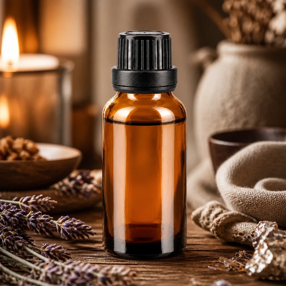 Pequena garrafa de vidro castanha de 20 ml com tampa conta-gotas preta, em cima de uma mesa de madeira, ao lado de lavanda e de uma vela