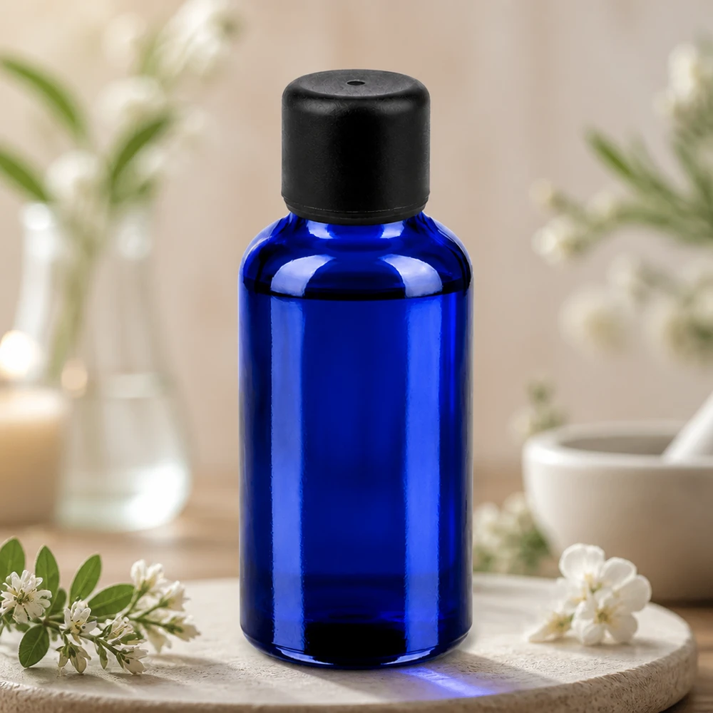 Frasco compacto de vidro BlueLine de 30 ml com tampa preta normalizada para armazenamento seguro do produto